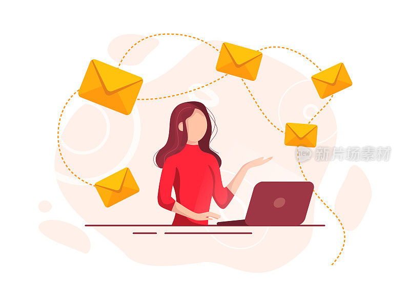 Beautiful cheerful young businesswoman working on laptop. E-mail and communication concept.